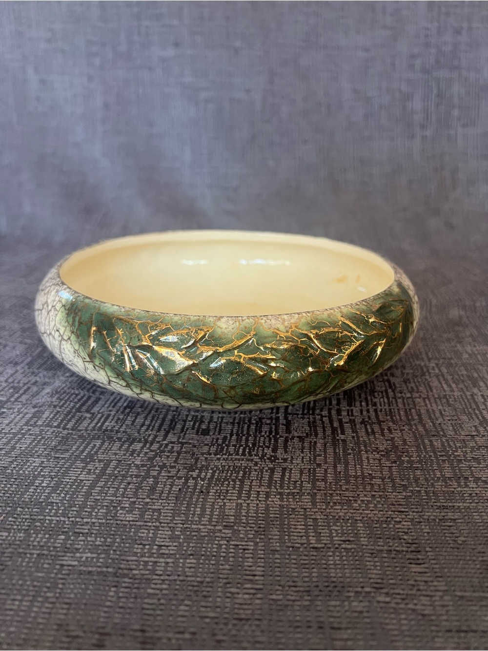 Mccoy Green and Cream Ceramic Bowl with Gold Crackle Accents